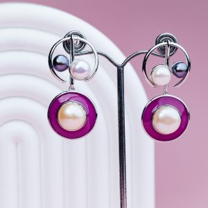 Silver statement earrings with pearls and magenta enamel 