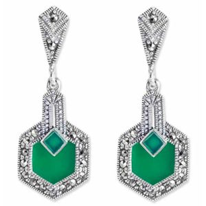  Hexagon Green Agate Halo Marcasite Earring