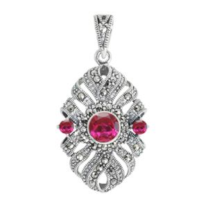 Round Ruby CZ & Marcasite Nanette-Shape Pave Pendant
